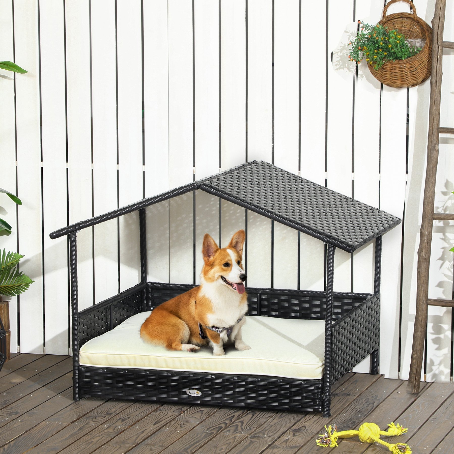 Zeus & Ruta Wicker Pet House with Canopy Outdoor Dog Bed, Black/Cream White, 38.6 x 27.2 x 28.7-in