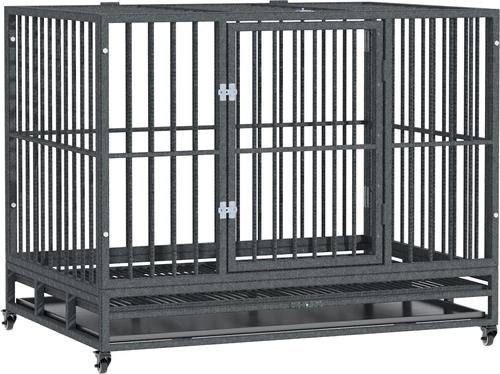 Show full view: jansno Heavy Duty Double Door Metal Dog Crate & Kennel with Lockable Wheels & Removable Tray, Gray, 43 inch slide 6 of 7