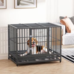 jansno Heavy Duty Double Door Metal Dog Crate & Kennel with Lockable Wheels & Removable Tray, Gray, 43 inch slide 1 of 7