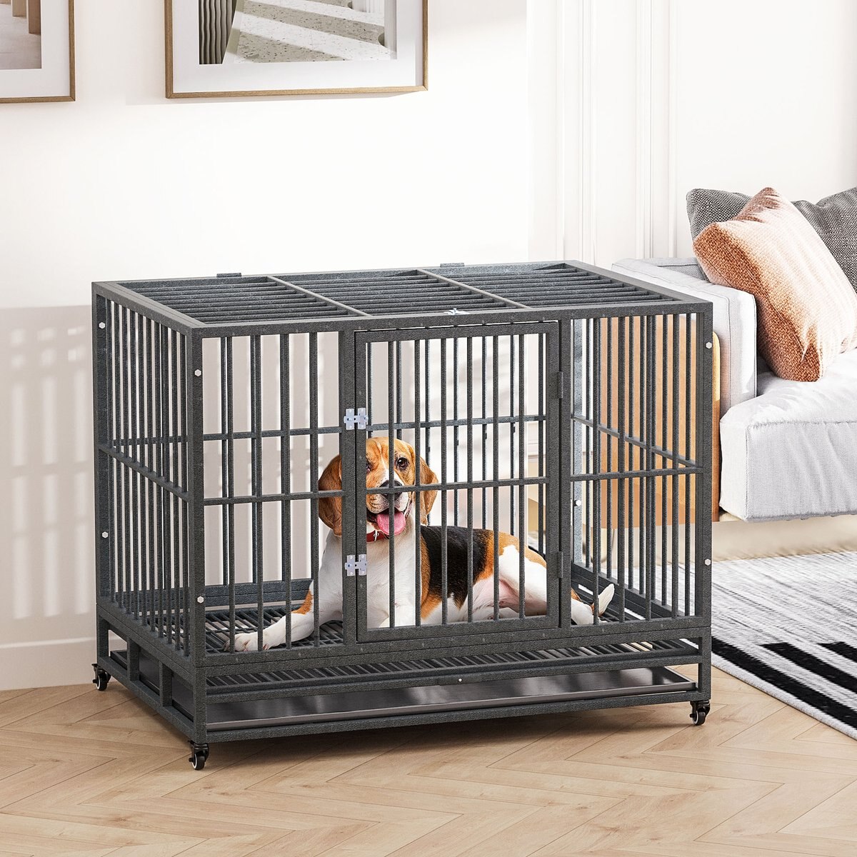 jansno Heavy Duty Double Door Metal Dog Crate & Kennel with Lockable Wheels & Removable Tray, Gray, 43 inch