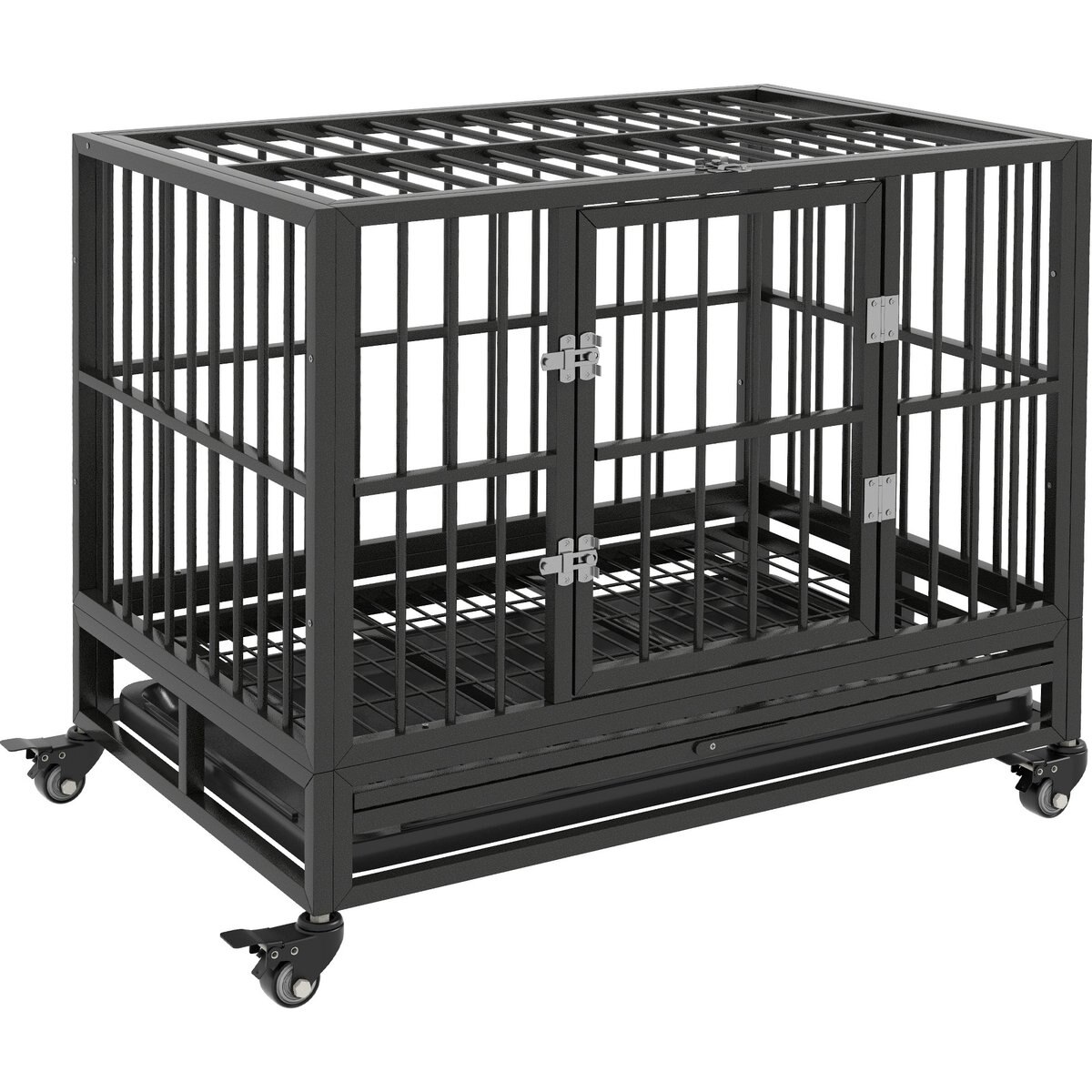 Cesicia Metal Heavy Duty Double Door Dog Crate with Lockable Wheels, Gray
