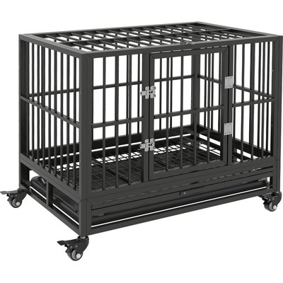 Cesicia Cesicia Metal Heavy Duty Double Door Dog Crate with Lockable Wheels, Gray
