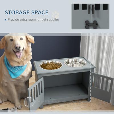 Show full view: AOSTIRMOTOR PawHut Elevated Dog Bowl with Storage Cabinet, Grey, 2-cup slide 4 of 10