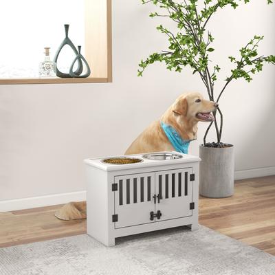 Show full view: AOSTIRMOTOR PawHut Elevated Dog Bowl with Storage Cabinet, White, 2-cup slide 5 of 10