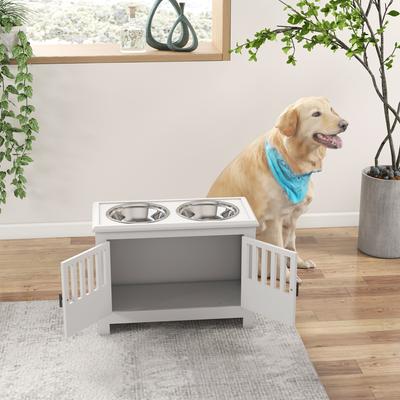 Show full view: AOSTIRMOTOR PawHut Elevated Dog Bowl with Storage Cabinet, White, 2-cup slide 7 of 10