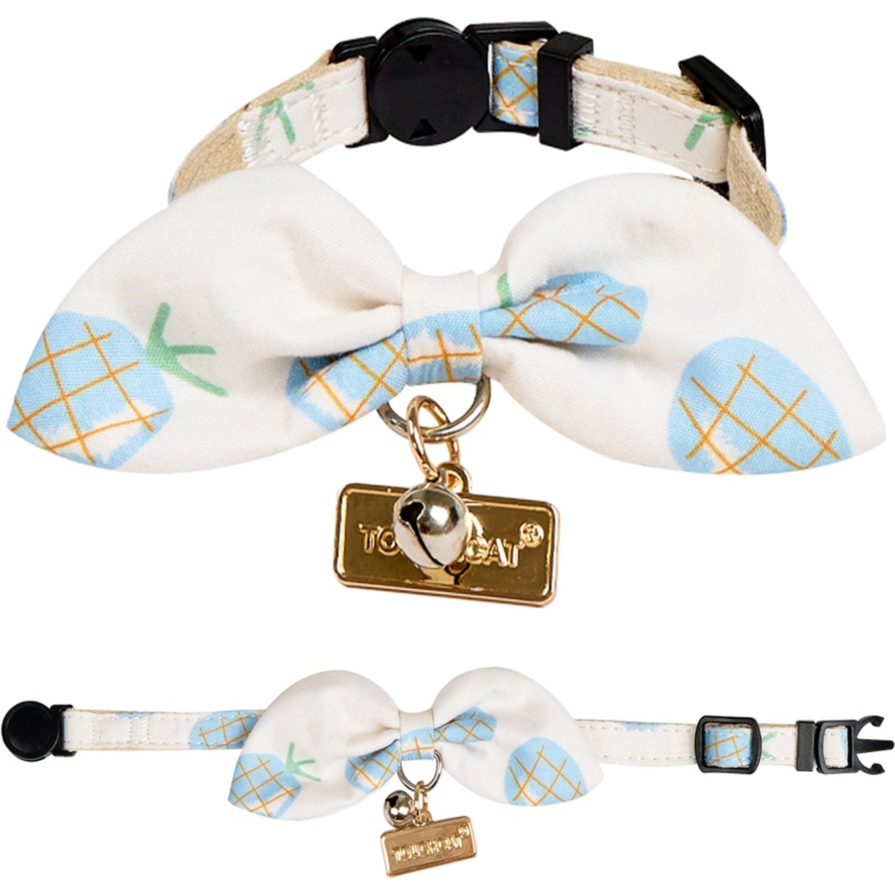 Touchcat Pineapple Polyester Cat Collar with Bow, Blue, Small: 5.9 to 9-in neck, 0.39-in wide