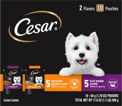 Cesar Variety Pack Filet Mignon & Rotisserie Chicken Flavor Filets in Gravy Wet Dog Food, 1.76-oz pouches, 10 count