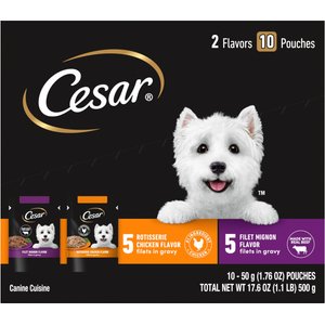 Cesar Variety Pack Filet Mignon & Rotisserie Chicken Flavor Filets in Gravy Wet Dog Food, 1.76-oz pouches, 10 count