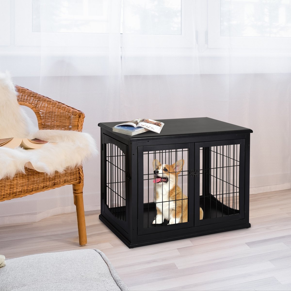 jansno Two Opening Sides Lockable Door Cage End Table Dog Crate, Black