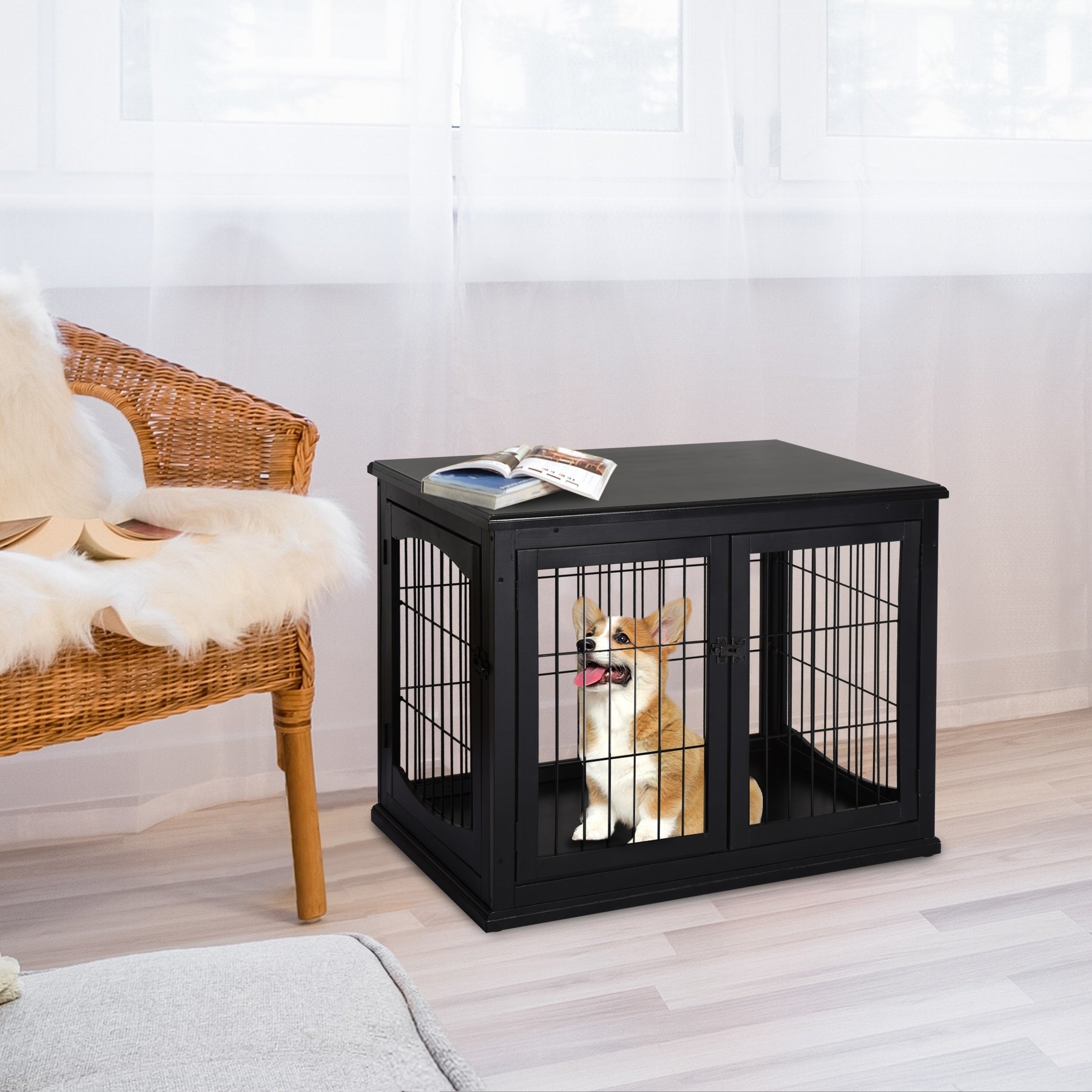 jansno Two Opening Sides Lockable Door Cage End Table Dog Crate, Black