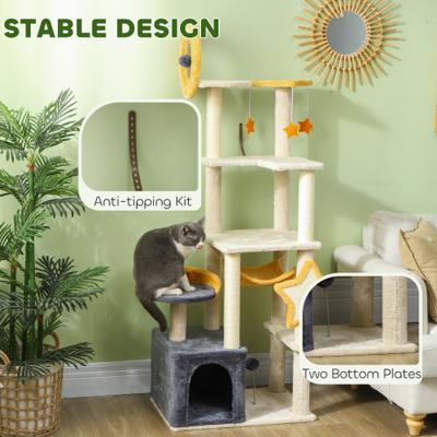Show full view: PawHut Moon & Stars 63-in Cat Tree for Large Cats, Beige slide 7 of 9