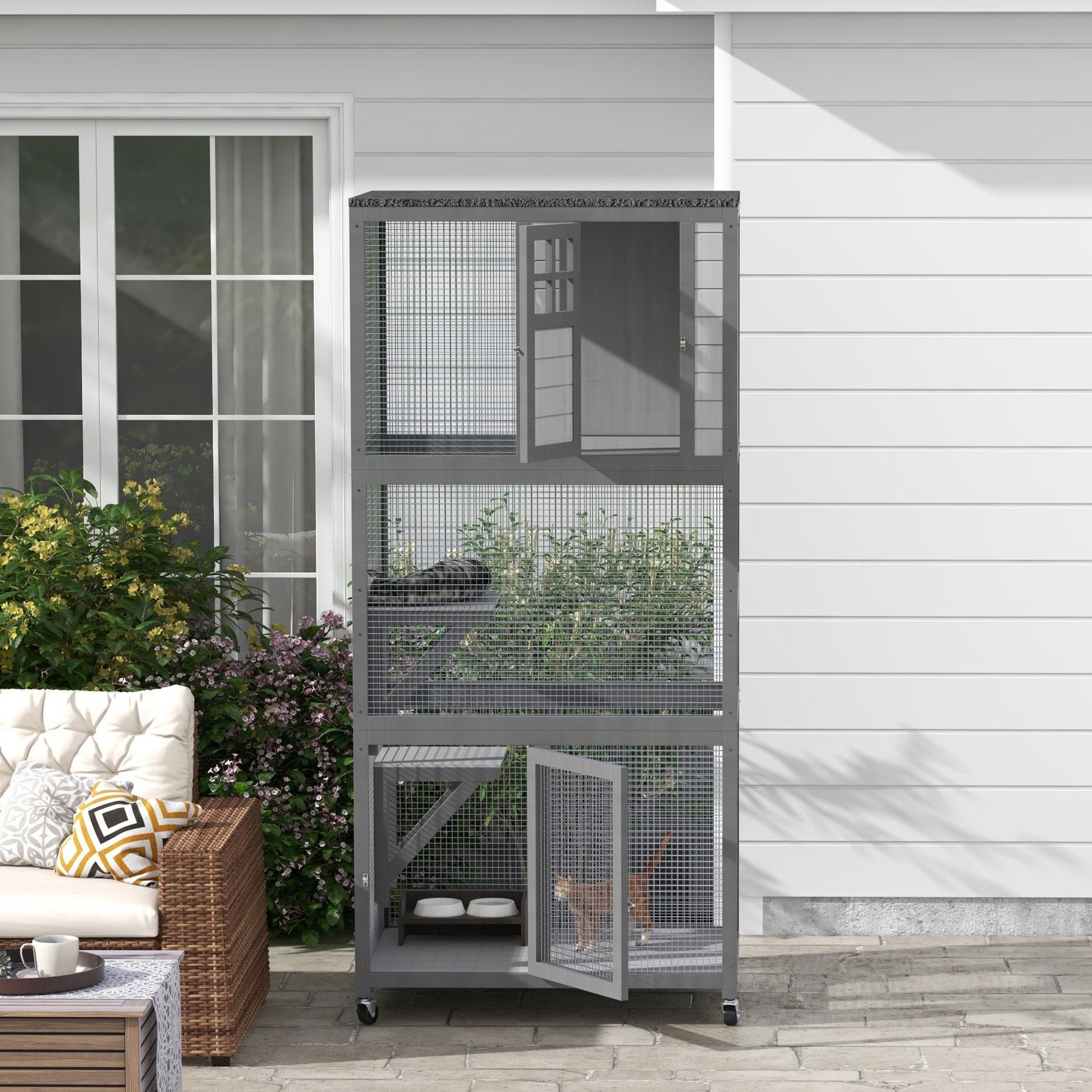 jansno Weatherproof & Wheeled with High Weight Capacity Wood Outdoor Cat House & Condo, Light Gray