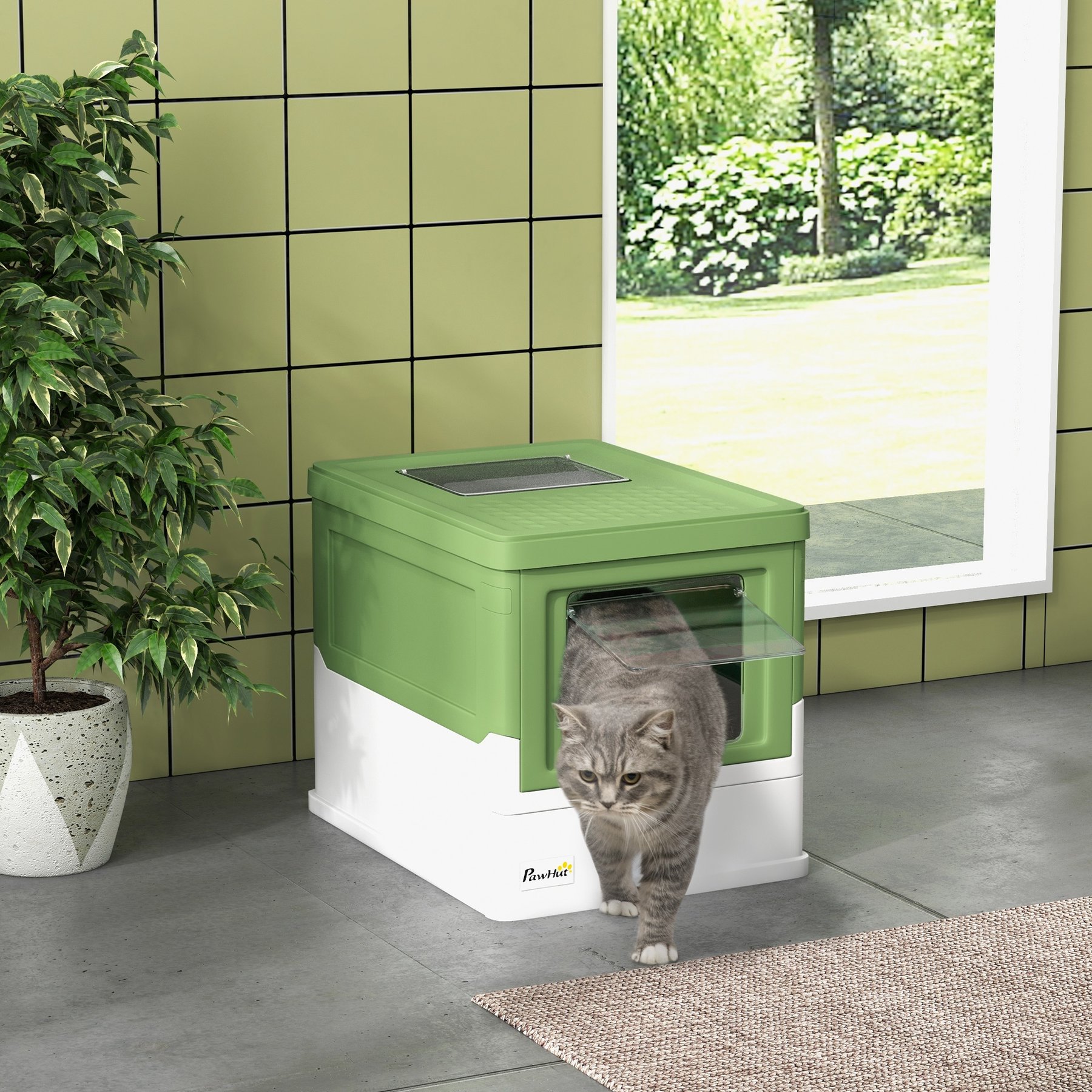 jansno Scoop Foldable Smell Proof Potty with Front Entry, Top Exit Fully Enclosed Cat Litter Box, Green