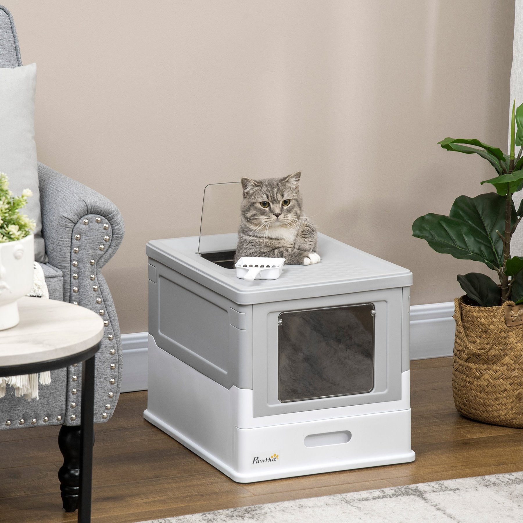 jansno Scoop Foldable Smell Proof Potty with Front Entry, Top Exit Fully Enclosed Cat Litter Box, Gray
