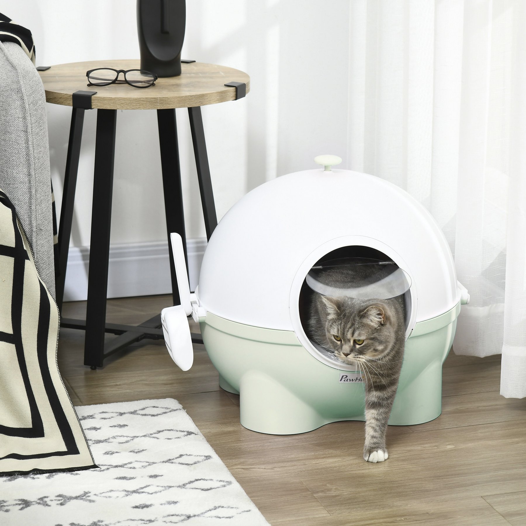 jansno Leaking Sand Pedal, Top Handle Hooded Cat Litter Box with Lid, Light Green
