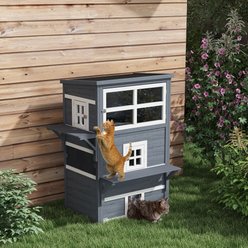 jansno Raised Floor Asphalt Roof Wood 3-Story Cat House & Condo, Dark Gray