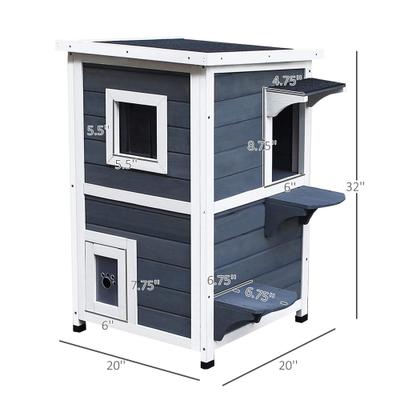 Show full view: PawHut 2-Story Outdoor Cat House with Escape Door, Dark Gray slide 3 of 10