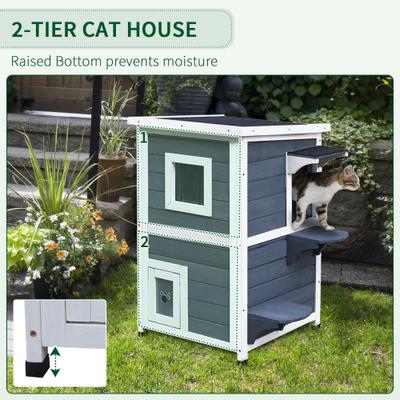 Show full view: PawHut 2-Story Outdoor Cat House with Escape Door, Dark Gray slide 5 of 10