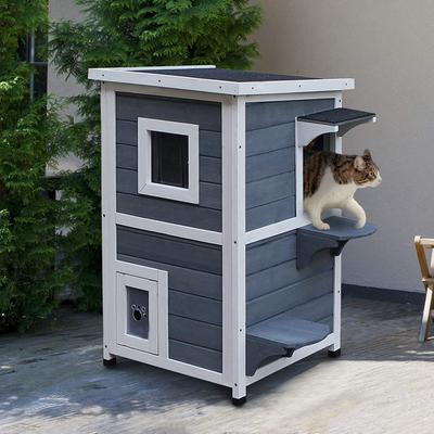 Show full view: PawHut 2-Story Outdoor Cat House with Escape Door, Dark Gray slide 2 of 10