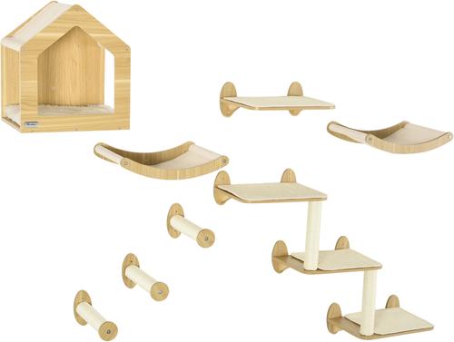 Show full view: PawHut 10 Level Wood Wall Mounted Cat Shelves, Oak, Oak slide 2 of 10