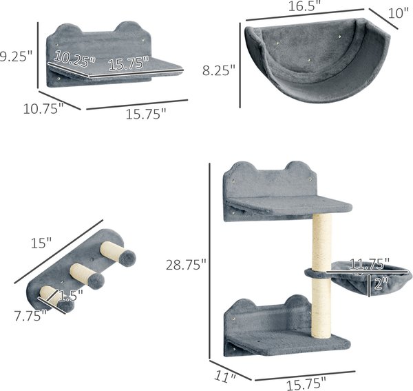 Show full view: jansno Climbing 4 Pieces Cat Wall Shelves with Hammock, Gray slide 4 of 7