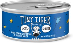 Tiny Tiger Shreds with Ocean Whitefish & Tuna in Sauce Canned Cat Food, 5.5-oz can, case of 24