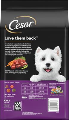 Show full view: Puppy Variety Pack: Cesar Warm Bowls Chicken & Beef with Vegetables Entree Shredded Wet Food Trays, 2.7-oz tray, pack of 10 + Cesar Filet Mignon Flavor & Spring Vegetables Garnish Small Breed Dry Food, 5-lb bag + Greenies Petite Original Chicken Flavor Dental Treats, 20 count slide 3 of 9