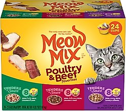Meow Mix Tender Favorites Poultry & Beef Cat Food Trays Variety Pack, 2.75-oz tray, case of 24