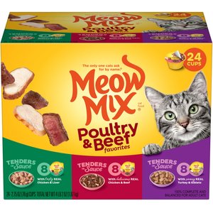 Meow Mix Tender Favorites Poultry & Beef Cat Food Trays Variety Pack, 2.75-oz tray, case of 24