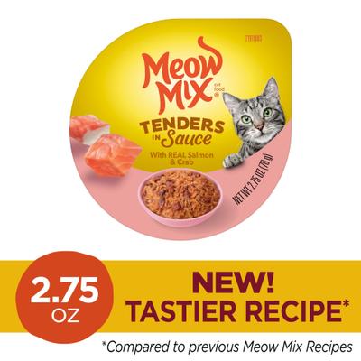 Show full view: Meow Mix Tenders in Sauce with Real Salmon & Crab Wet Cat Food, 2.75-oz cup, case of 12 slide 3 of 10
