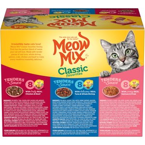 Meow Mix Classic Favorites Tenders in Sauce Variety Pack Wet Cat Food, 2.75-oz cup, case of 24