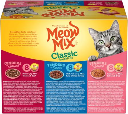 Show full view: Meow Mix Classic Favorites Tenders in Sauce Variety Pack Wet Cat Food, 2.75-oz cup, case of 24 slide 3 of 11