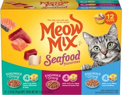 Meow Mix Savory Morsels Seafood Favorites Variety Pack Cat Food Trays, 2.75-oz tray, case of 12