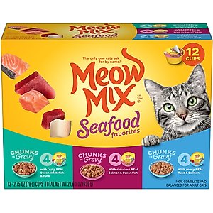 Meow Mix Savory Morsels Seafood Favorites Variety Pack Cat Food, 2.75-oz cup, case of 12