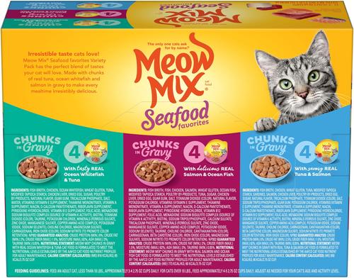 Show full view: Meow Mix Savory Morsels Seafood Favorites Variety Pack Cat Food, 2.75-oz cup, case of 12 slide 4 of 11