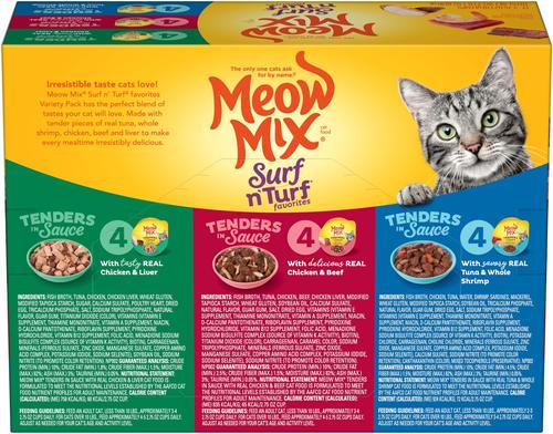 Show full view: Meow Mix Tender Favorites Surf 'N Turf Variety Pack Cat Food, 2.75-oz cup, case of 12 slide 4 of 11