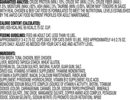 Show full view: Meow Mix Tenders in Sauce with Real Chicken & Beef Wet Cat Food, 2.75-oz cup, case of 12 slide 8 of 10