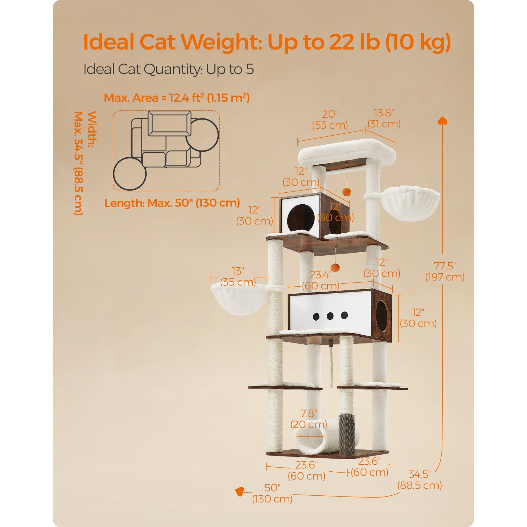 FEANDREA Multi-Level 77.5-in Plush Cat Tree & Condo, Rustic Brown