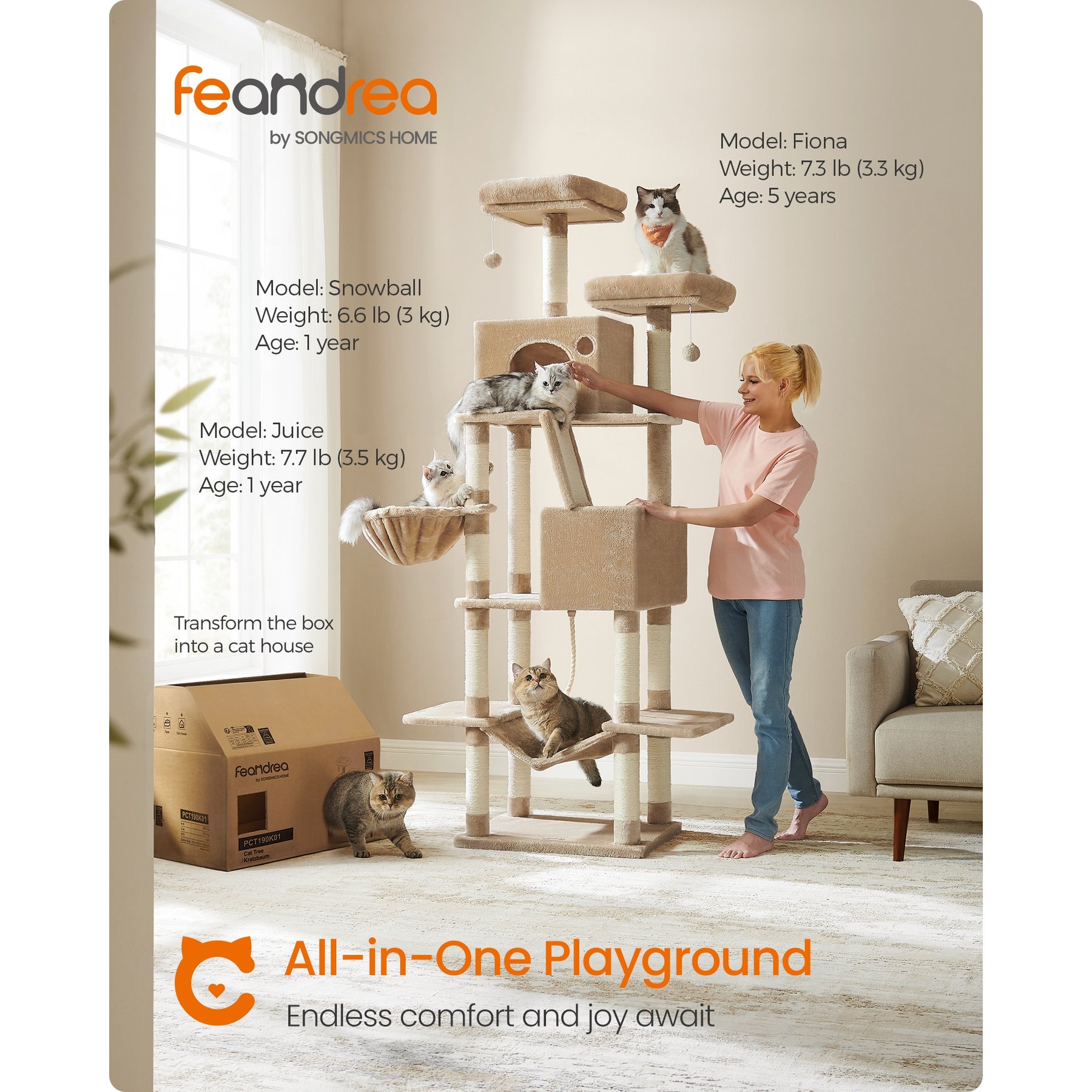 FEANDREA Tall Plush Cat Tree & Condo, 81.1-in, Camel Brown
