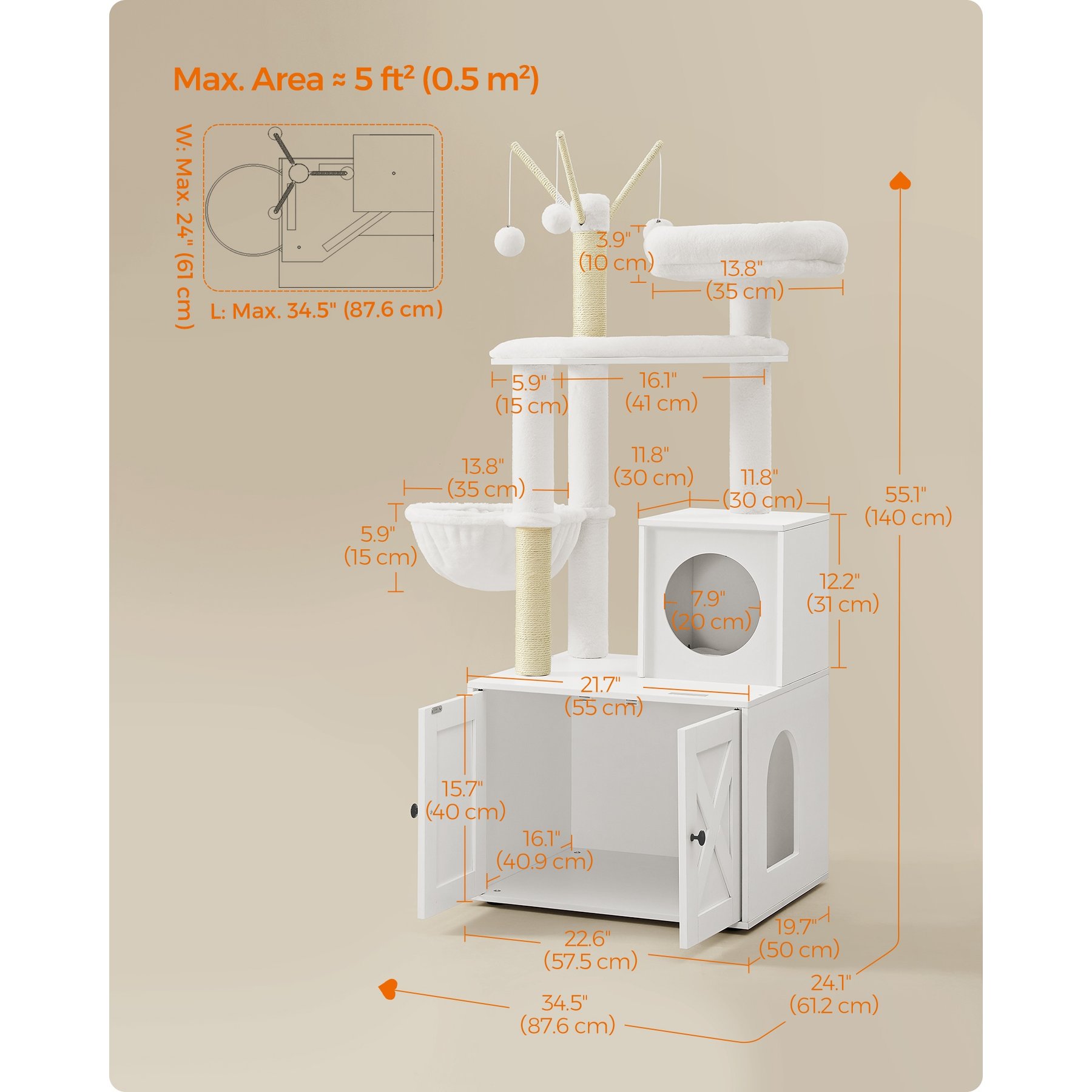 FEANDREA Modern 54.3-in 2-in-1 Plush Cat Tree & Condo with Litter Box Enclosure, Cloud White
