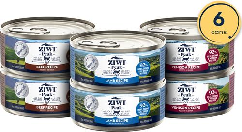 Show full view: ZIWI Peak Chicken, Mackerel & Lamb, Lamb Variety Pack Grain-Free Pate Canned Food, 3-oz can, case of 6 + Venison, Beef, Lamb Variety Pack Grain-Free Pate Canned Cat Food, 3-oz can, case of 6 slide 6 of 9
