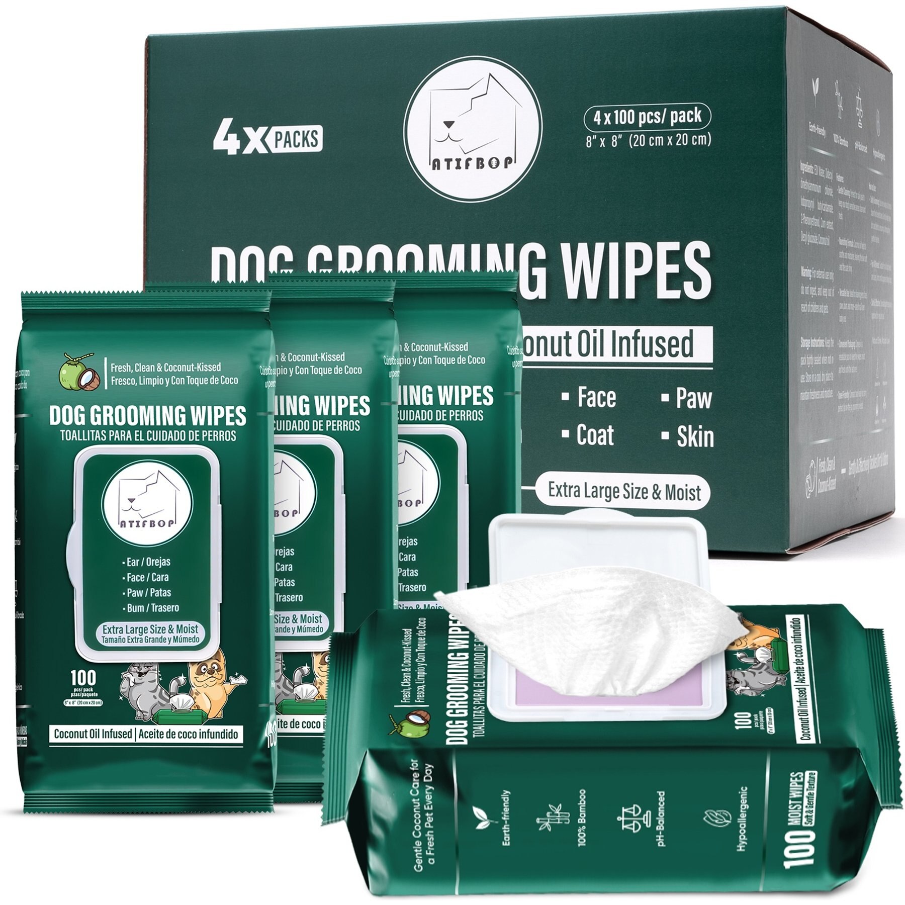 ATIFBOP Bamboo with Coconut Oil Dog Wipes, 400 count