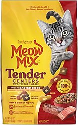 Meow Mix Tender Centers Basted Bites Beef & Salmon Flavors Dry Cat Food, 3-lb bag