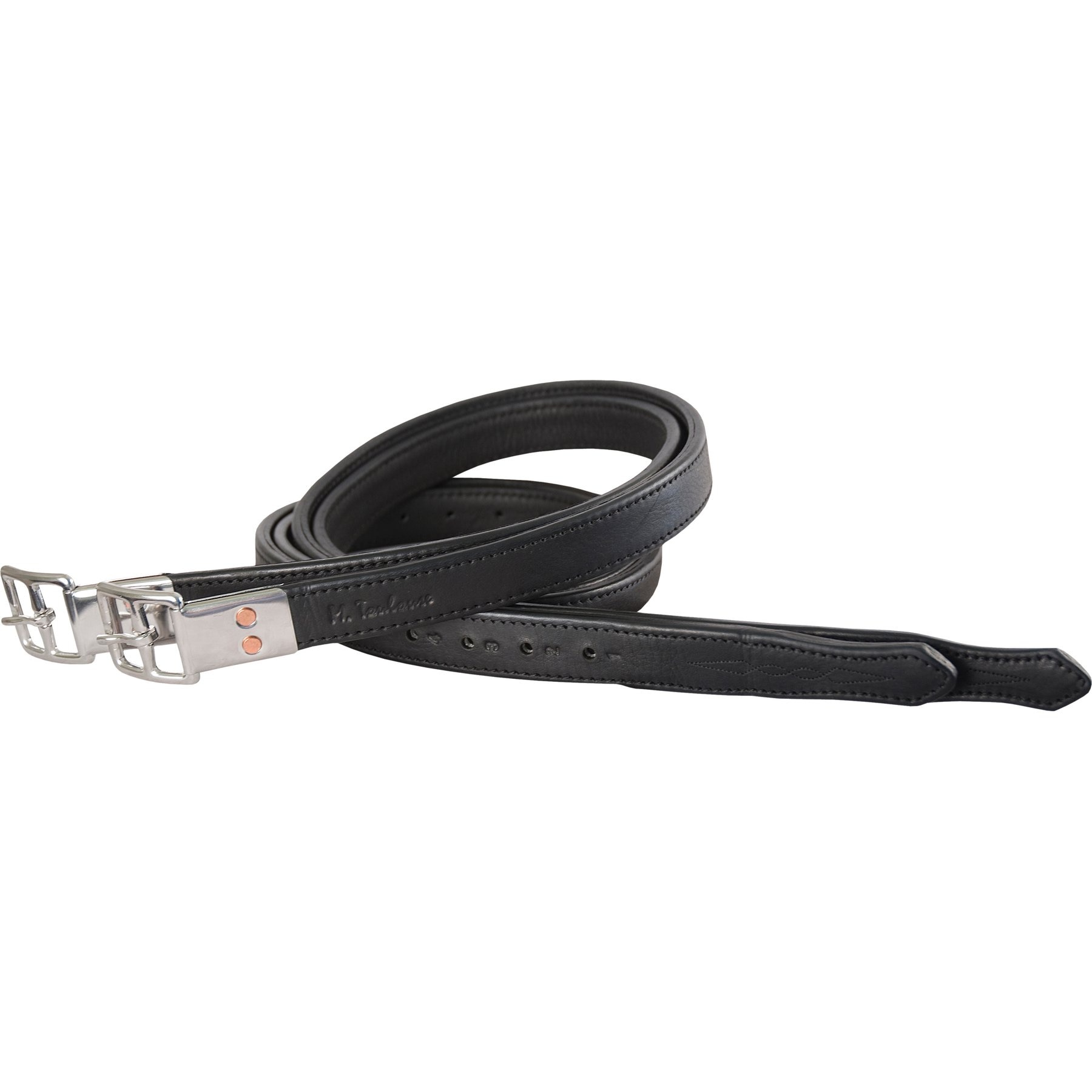 M. Toulouse 3 Fold Platinum D/L Stirrup Leathers with Fancy Stitching, Black with Black Stitching, 1 x 63-in