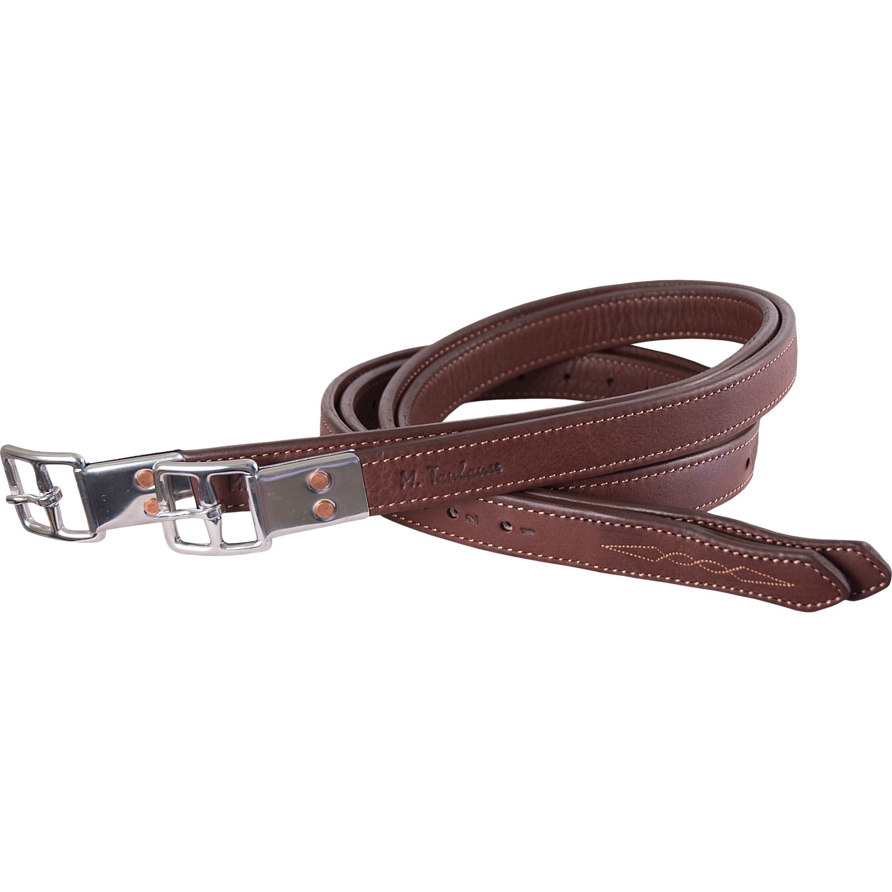 M. Toulouse 3 Fold Platinum D/L Stirrup Leathers with Fancy Stitching, Chocolate with Cognac Stitching, 1 x 54-in