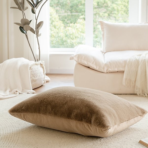 Show full view: Allisandro Extra Soft Faux Fur Pillow Dog Bed with Removable Cover, Brown, X-Large slide 2 of 7