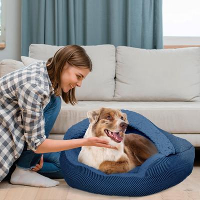 Show full view: Precious Tails Herringbone Canvas Fleece Deep Dish Covered Cat & Dog Bed, Navy, Large slide 7 of 9