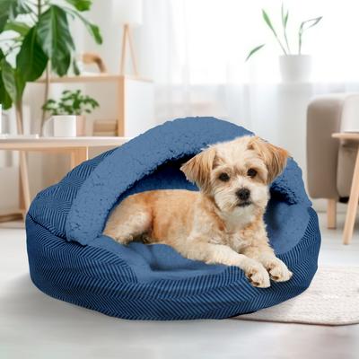 Show full view: Precious Tails Herringbone Canvas Fleece Deep Dish Covered Cat & Dog Bed, Navy, Large slide 6 of 9