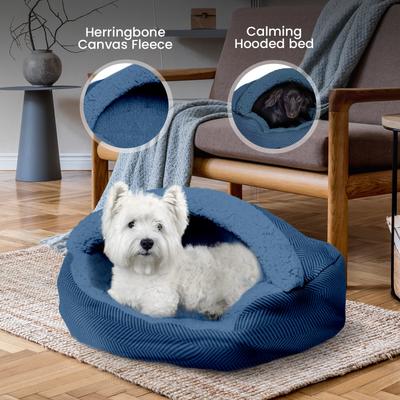 Show full view: Precious Tails Herringbone Canvas Fleece Deep Dish Covered Cat & Dog Bed, Navy, Small slide 4 of 9