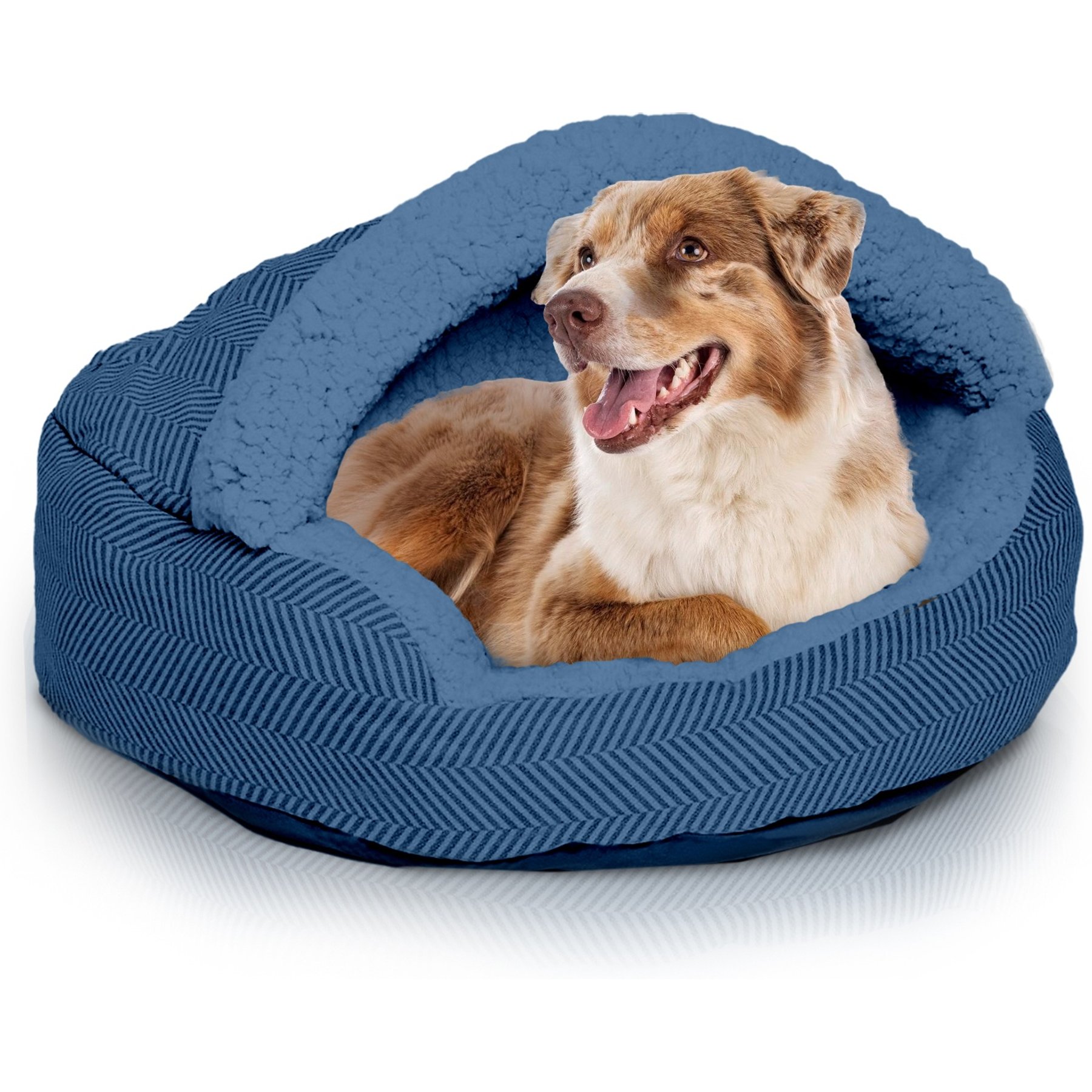Precious Tails Herringbone Canvas Fleece Deep Dish Covered Cat & Dog Bed, Navy, Small